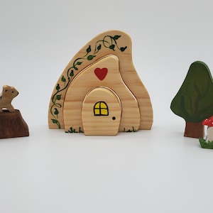 Gnome Fairy House with tree, mushroom, tree stump and chipmunk playset Montessori and Waldorf Inspired