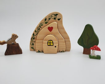 Gnome Fairy House with tree, mushroom, tree stump and chipmunk playset Montessori and Waldorf Inspired