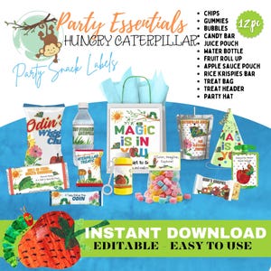 Hungry Caterpillar Snack Labels | 12pc Editable Treat Labels | Instant Download | DIY Party Favors  | ONE very Hungry Caterpillar