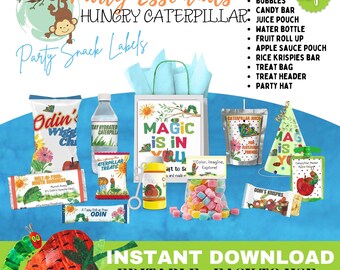 Hungry Caterpillar Snack Labels | 12pc Editable Treat Labels | Instant Download | DIY Party Favors  | ONE very Hungry Caterpillar