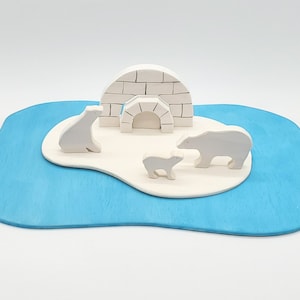 Polar Bear Family and Igloo Set - Arctic/Iceberg/Snow/Wildlife - Handcrafted Animal Figures / Montessori & Waldorf Inspired - Antarctica