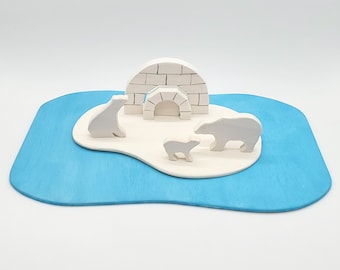 Arctic Polar Bear Family and Igloo.  Great small world play toys for boys and girls.  Waldorf and Montessori inspired.