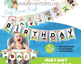 Hungry Caterpillar bannerbundel | Fotobanner | Direct downloaden | Bewerkbare canvassjablonen | Banner kinderstoel | Verjaardagsbanner