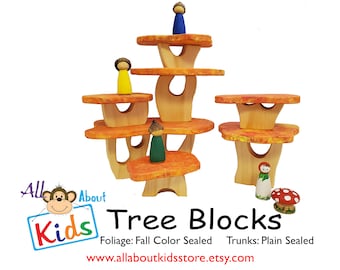 Bloques de construcción de árboles, juego de bloques de casas de árboles hechos a mano para niños pequeños o preescolares - Juguetes de construcción de madera natural / Montessori & Waldorf inspirados