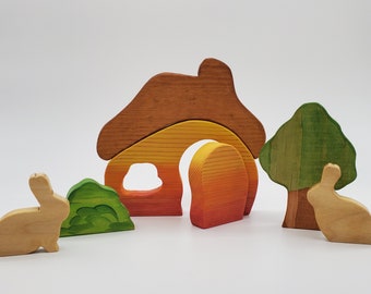 Bunnyland speelset houten konijnenhuis met 2 konijnen, boom en struik Geweldig speelgoed geïnspireerd op Montessori en Waldorf voor kinderen van alle leeftijden.