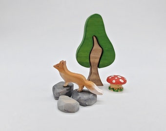 Fox, and Rocks Accessories.  Great small world play toys boys and girls.  Mushroom Meadow Playscape. Waldorf and Montessori inspired.