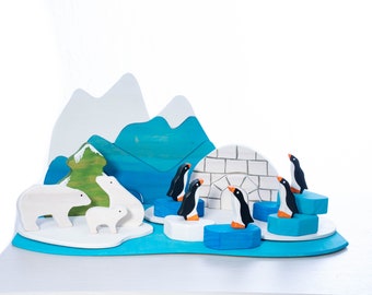 Arctic and Polar Playscape with polar bears and penguins.  Great small world play toys for boys and girls.  Waldorf and Montessori inspired.