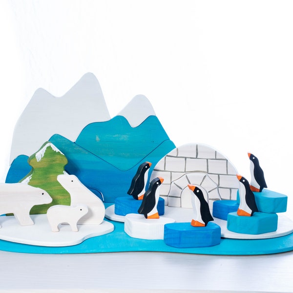 Arctic and Polar Playscape with polar bears and penguins.  Great small world play toys for boys and girls.  Waldorf and Montessori inspired.