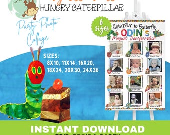 Hongerige rups fotocollageposter | Bewerkbaar eerste verjaardagsteken | Direct downloaden | Feestdecoratie | Hungry ONE