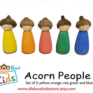 Rainbow Acorn Peg People / Waldorf and Montessori Inspired / Yellow, Orange, Red, Green and Blue