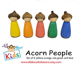 Rainbow Acorn Peg People / Waldorf and Montessori Inspired / Yellow, Orange, Red, Green and Blue