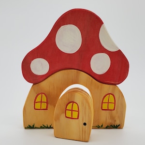 Mushroom House Wood Playset.  Great toys for boys and girls.  Waldorf and Montessori inspired.