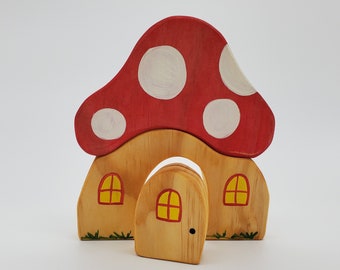 Mushroom House Wood Playset.  Great toys for boys and girls.  Waldorf and Montessori inspired.