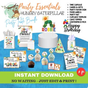 Placas de mesa e decoração HUNGRY CATERPILLAR | Download instantâneo | Cápsula do tempo, lembrancinhas e presentes, topos de cupcake, topos de bolo, chapéu, comida