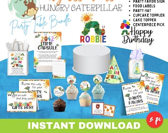HUNGRY CATERPILLAR, enseignes et décorations de table | Téléchargement immédiat | Capsule temporelle, bonbonnière et cadeau, décoration de petit gâteau, décoration de gâteau, chapeau, nourriture