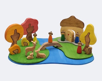 Acorn Wood Playset with tree and squirrel  Great small world play toys for boys and girls.  Waldorf and Montessori inspired.