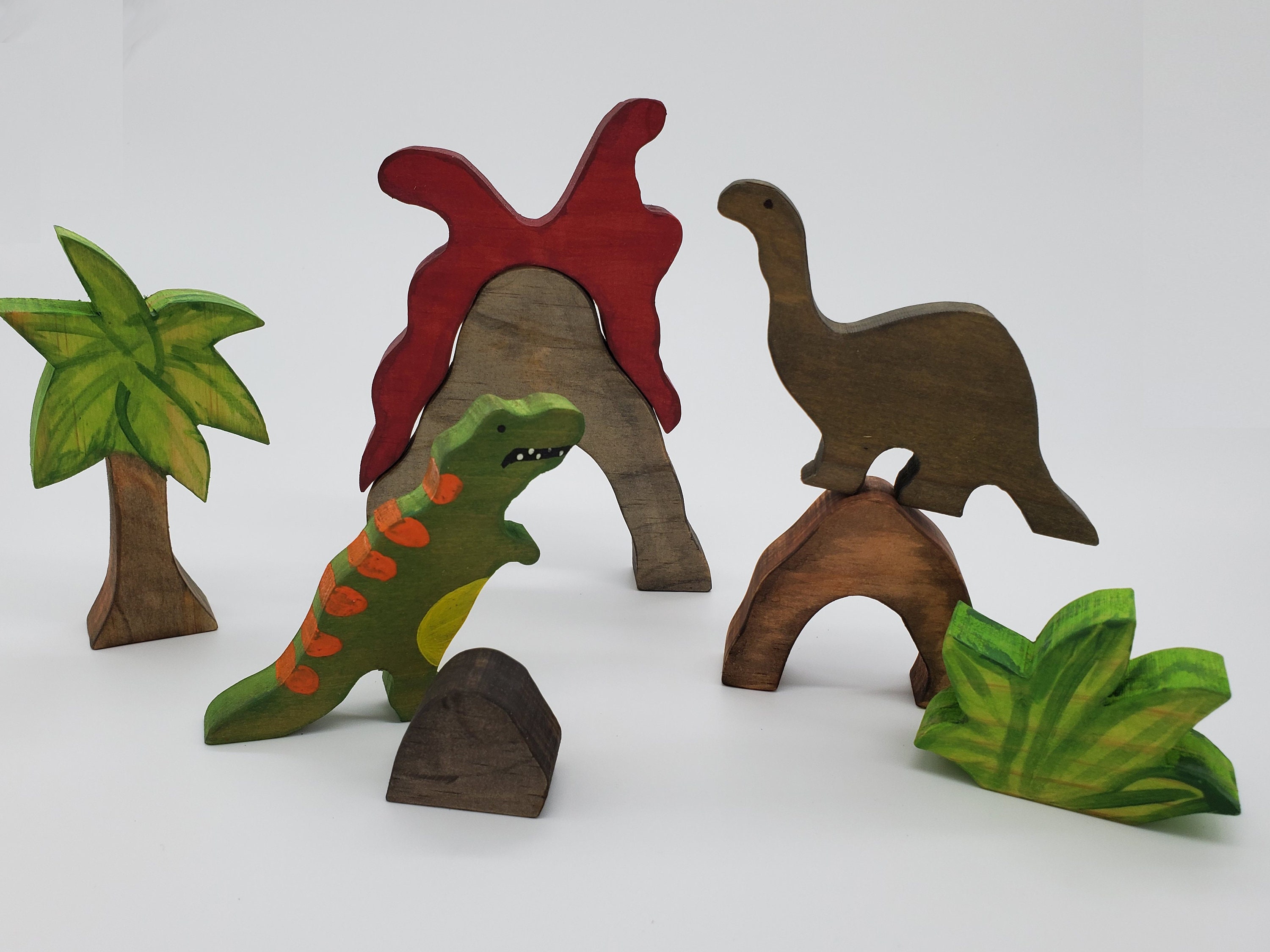 Volcano and Dinosaur Wood Playset with tree bush and Etsy