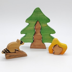 Mushroom House Wood Playset with log and raccoon.  Great toys for boys and girls.  Waldorf and Montessori inspired.