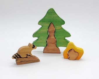 Mushroom House Wood Playset with log and raccoon.  Great toys for boys and girls.  Waldorf and Montessori inspired.