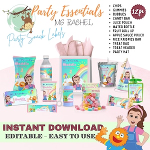Op de afbeelding: Een set van 12 printbare party-snacklabels met een meisje met een regenboog en de tekst "Hi, Friends... Maddie is turning 1". De labels zijn ontworpen voor chips, gummies, bubbels, snoeprepen, sapzakjes, waterflessen, fruitrolletjes, appelmoeszakjes, rijstkoekrepen, traktatiezakjes, traktatiekopteksten en feestmutsen.