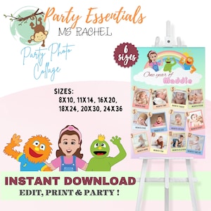 Puede incluir: Una descarga digital imprimible para una fiesta de cumpleaños de un año. El diseño presenta un arcoíris, nubes y un collage de 12 fotos. El texto dice "Un año de Maddie".