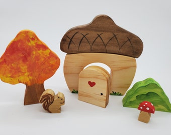 Acorn Wood Playset with tree and squirrel  Great toys for boys and girls.  Waldorf and Montessori inspired.