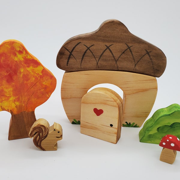 Acorn Wood Playset with tree and squirrel  Great toys for boys and girls.  Waldorf and Montessori inspired.