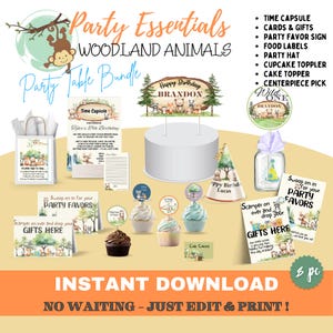Placas de mesa e decoração WOODLAND | Download instantâneo | Cápsula do tempo, mesa de lembrancinhas e presentes, toppers de cupcake, topper de bolo, chapéu de festa, comida