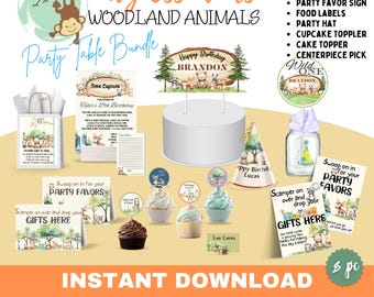 WOODLAND Tafelborden en decoratie | Instant download | Tijdcapsule, tafeltje met feestbedankjes en cadeau, cupcaketoppers, taarttopper, feestmuts, eten