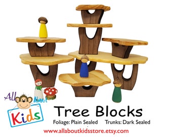 Bloques de construcción de árboles, juego de casas en el árbol hechas a mano para niños pequeños o preescolares - Juguetes de construcción de madera natural / Inspirados en Montessori y Waldorf