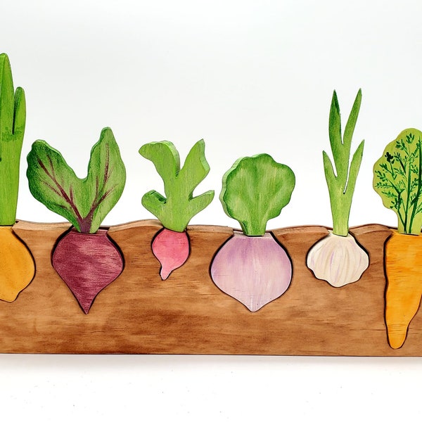 Puzzle de légumes racines - Jouet éducatif inspiré de Montessori et Waldorf 6 Veggies