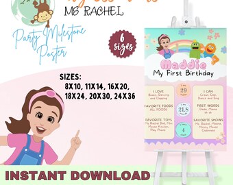Ms. Rachel Birthday mijlpaalposter | Bewerkbaar eerste verjaardagsteken | Direct downloaden | Feestdecoratie MSR353