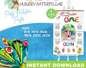 Póster de la Oruga Hambrienta / Letrero editable para el primer cumpleaños / Descarga instantánea / Decoración para fiestas / Hungry ONE