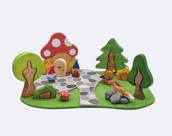 Mushroom House Wood Playset with log and raccoon.  Great toys for boys and girls.  Waldorf and Montessori inspired.