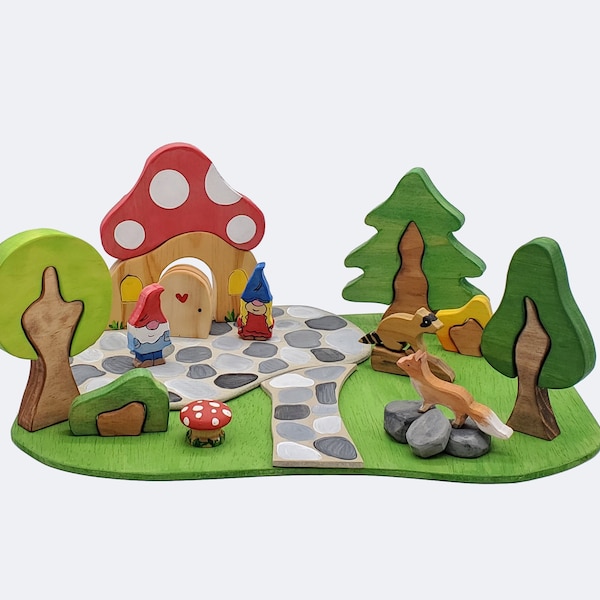 Mushroom House Wood Playset with log and raccoon.  Great toys for boys and girls.  Waldorf and Montessori inspired.