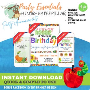 Hungry Caterpillar Invitation Bundle | Digital & Video E-Invite | Instant Download | Editable Canva Templates | Instant Download |  Spring