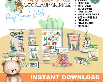 Etiketten voor feestsnacks Woodland Animal |  WILDE | 12-delige bewerkbare traktatielabels | Direct downloaden | DIY-feestartikelen | Bosfeest