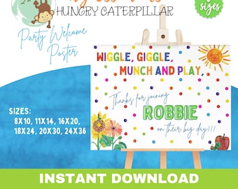 Hungry Caterpillar Welcome Sign | Editable First Birthday Sign | Instant Download | Party Decoration | Hungry ONE | Welcome Poster