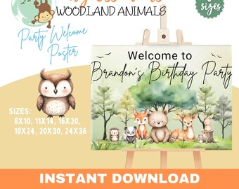 Woodland-welkomstbord | Bewerkbaar verjaardagsteken | Direct downloaden | Feestdecoratie | WILDE | Welkomstposter | Beer, bosdieren