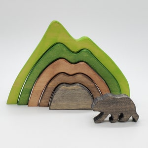 Handcrafted Wooden Mountain Stacker - 5pc Mountain Range with Bear / Montessori & Waldorf Inspired Decor and Play