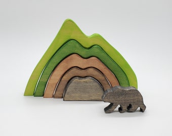 Bear and Mountain Stacker Waldorf y Montessori inspiraron el juguete de apilamiento de madera para niños pequeños, preescolares de niños de todas las edades