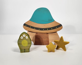 Spectaculaire ruimte Small World Playscape - Galaxy/Rocket/Ruimteschip/Alien/Astronaut - Handgemaakte ruimteset / geïnspireerd op Montessori en Waldorf