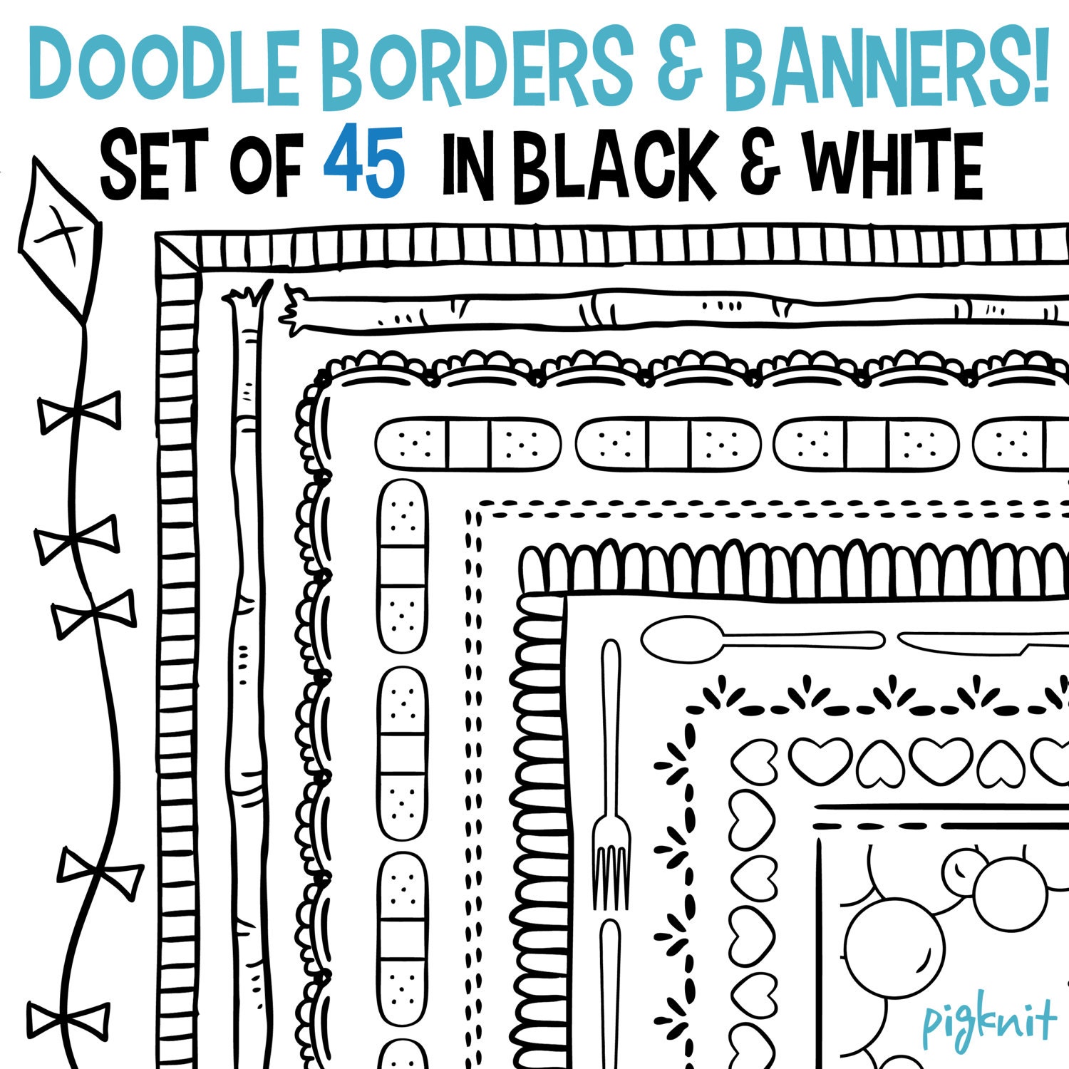 Doodle border printable digital hand drawn clipart png set for | Etsy