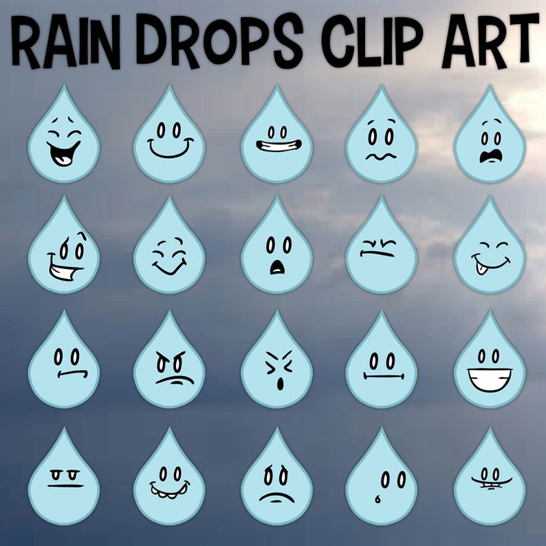 Rain drop emoji printable digital clipart png set for instant Etsy
