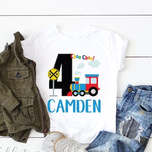 4th Birthday Boy Train Shirt, Fourth Birthday Boy Shirt 4 Four Choo Choo Train Shirt Baseball Style Raglan Personalized with Name