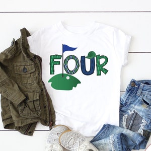 Four Golf Theme 4th Birthday Boy Shirt, Golf Themed Mommy Daddy Family Shirts, Fourth Birthday Boy Shirt, Navy Blue Baseball Raglan