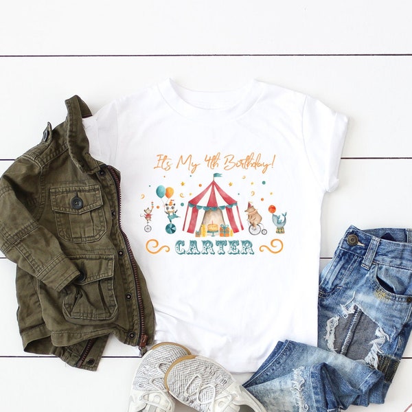 4ème anniversaire Boy Circus Shirt Fourth Birthday Boy Shirt Carnival Circus Party Ringmaster Shirt Baseball Style Raglan Personnalisé avec nom