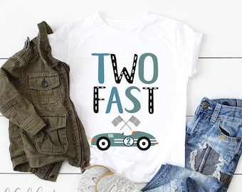 TWO FAST Race Car 2nd Birthday Boy Shirt, Second Birthday Boys Baseball Raglan, Birthday Racing Party, personalisiert mit Name und Nummer