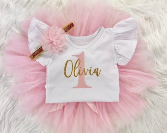 First Birthday Tutu Outfit Girl , 1st Birthday Pink and Gold Glitter One Onesie®, Baby Girl Leotard Bodysuit Cake Smash Outfit for Baby Girl