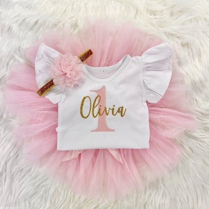 First Birthday Tutu Outfit Girl , 1st Birthday Pink and Gold Glitter One Onesie®, Baby Girl Leotard Bodysuit Cake Smash Outfit for Baby Girl